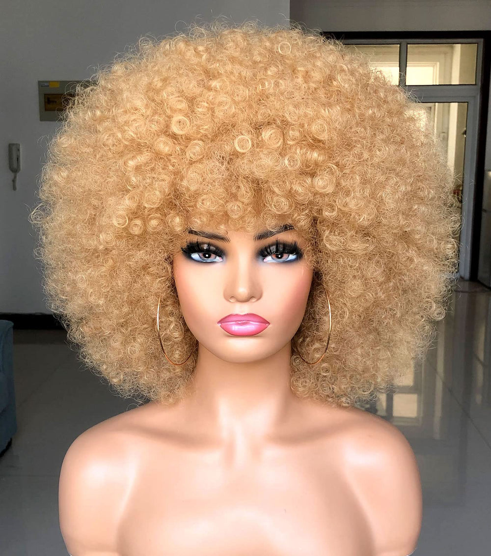 Peluca HIHOO afro corto con franja rubio, look natural y ligero para el día