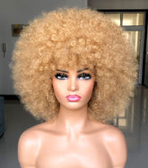 Peluca HIHOO afro corto con franja rubio, look natural y ligero para el día