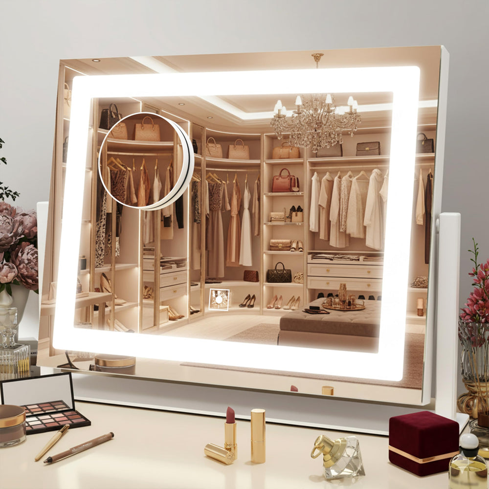 Miroir HNV avec éclairage Hollywood et cadre arrondi, reflet optimal.