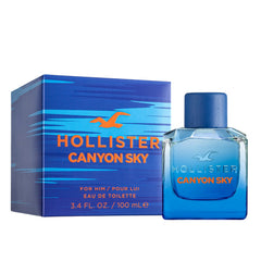Canyon Sky de Hollister, detalle de la etiqueta, fragancia versátil para el día.