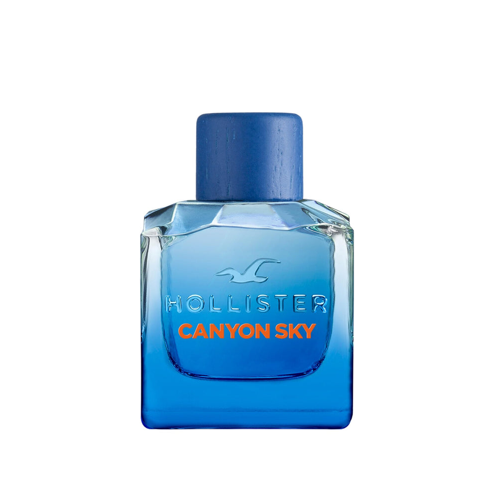 Canyon Sky de Hollister, vista frontal de la botella, ideal para salidas nocturnas y frescura diaria.