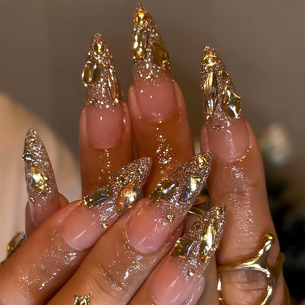 HOSAILY Uñas almendra dorado con brillo estilo francés para eventos.