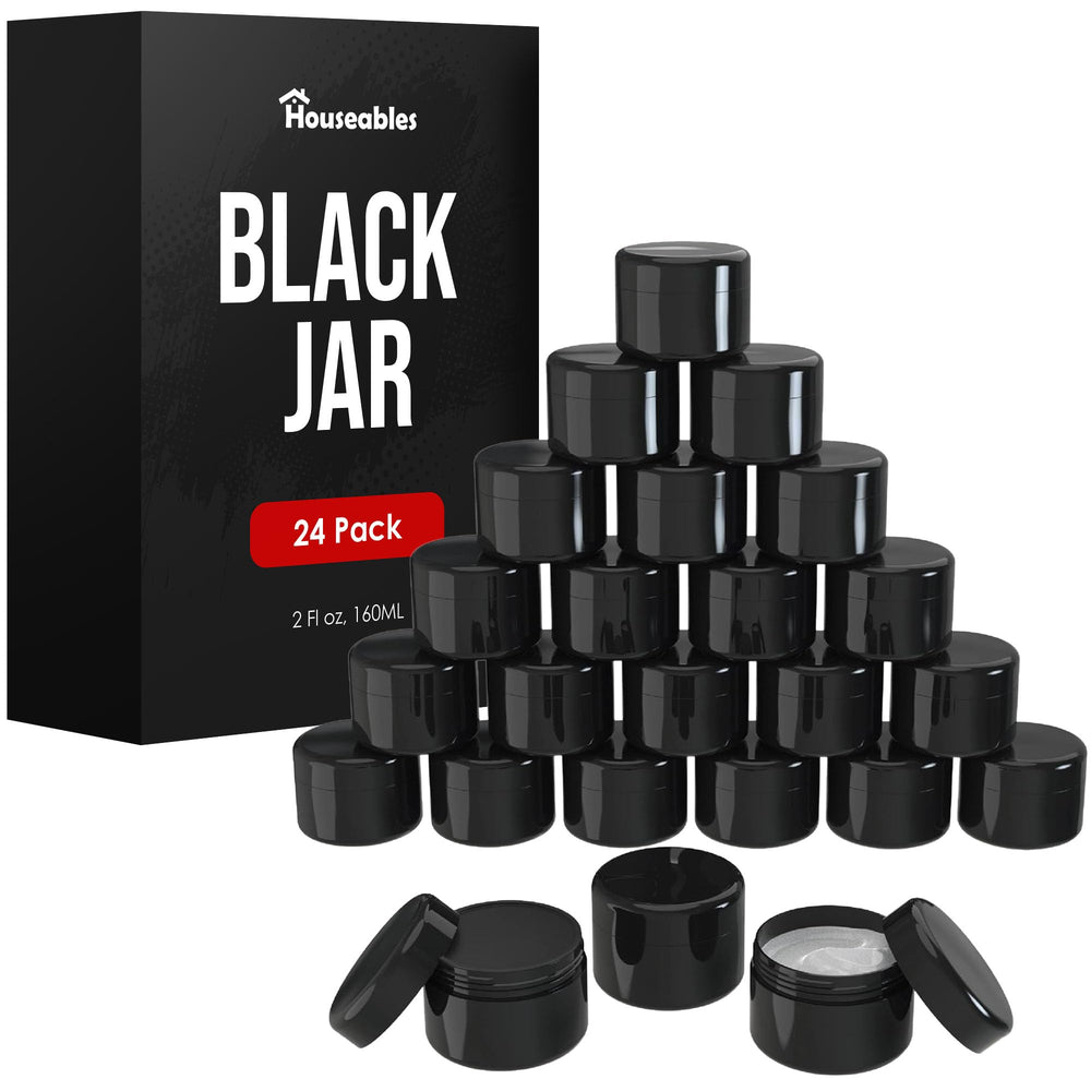 Houseables jarras negras 2oz frontal: diseño duradero para viaje y muestras.