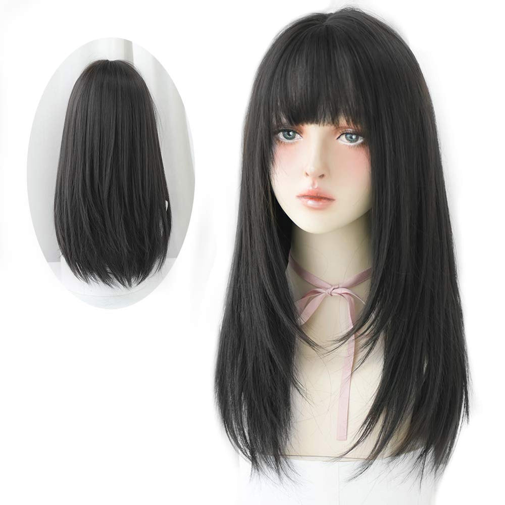 Peluca HUAISU negra, pelo liso largo con flequillo para aspecto natural diario.