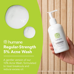 Dispensing Humane benzoyl peroxide face wash for controlled, easy application.