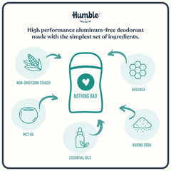 Desodorante HUMBLE sin aluminio ni alcohol, opción limpia para la piel.