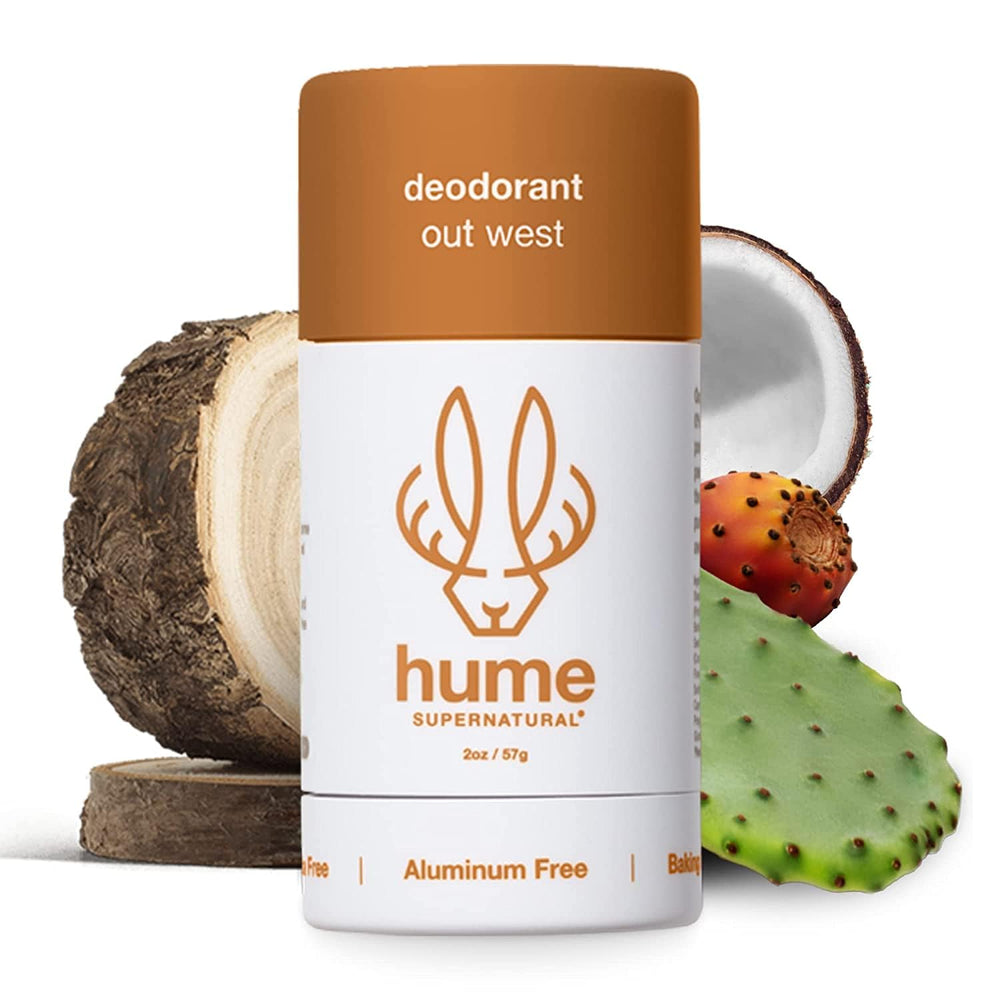 Desodorante Hume Out West, aplicación suave sin aluminio para uso diario.