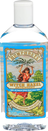 Humphreys Witch Hazel bottle closeup for gentle pore-minimizing skincare.