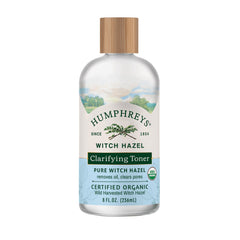 Humphreys Witch Hazel Toner bottle on vanity supports balanced, clarified pores.