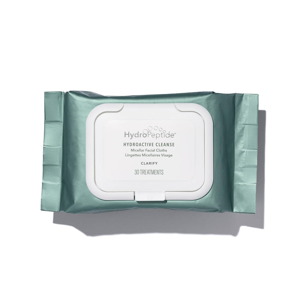 HydroPeptide HydroActive Cleanse micellar cloths in a 30-count pack for on-the-go cleansing