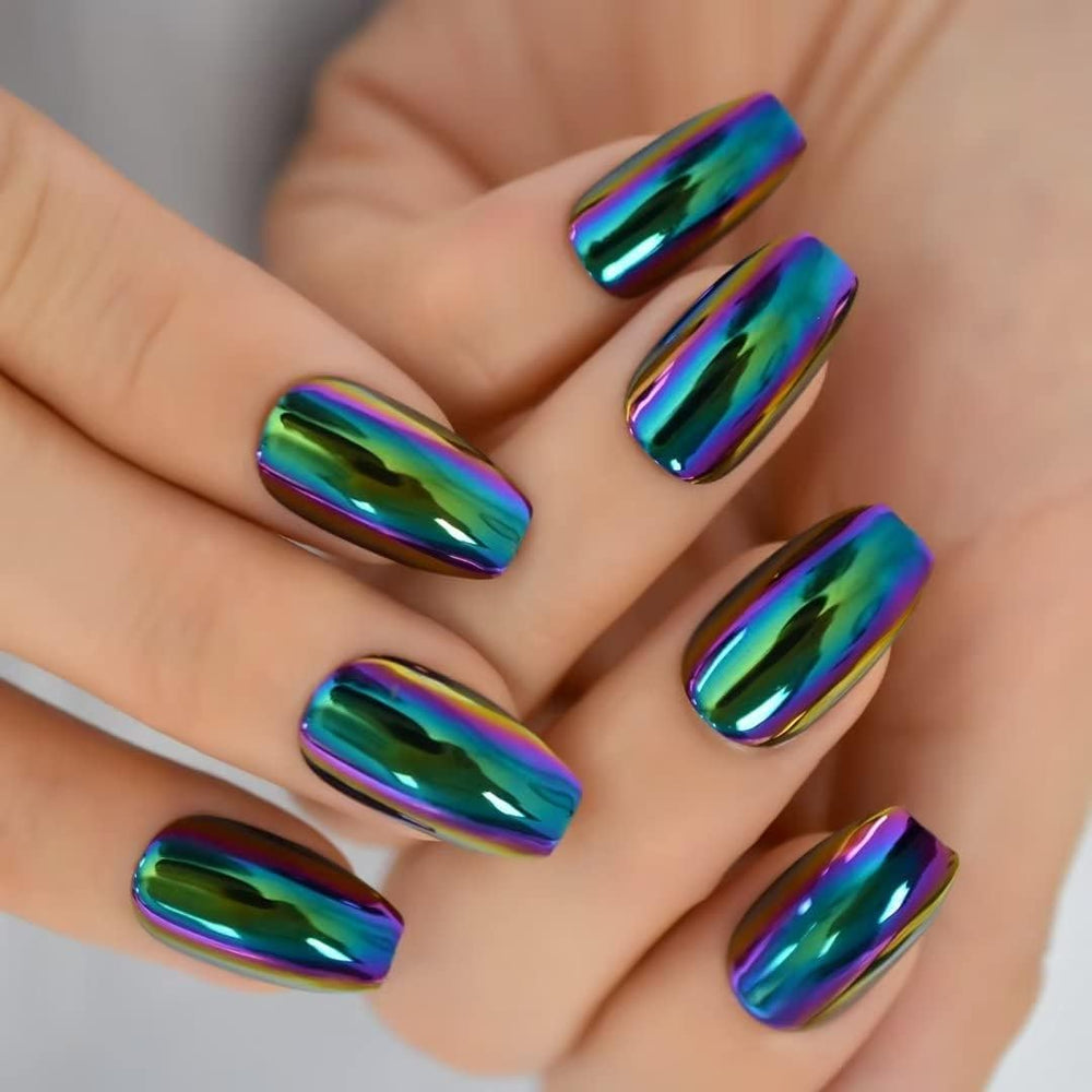 iBeautying uñas postizas con efecto espejo cromado verde y morado para estilos llamativos