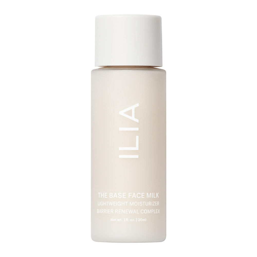 ILIA The Base Face Milk Essence en bote, hidratación suave para piel sensible.