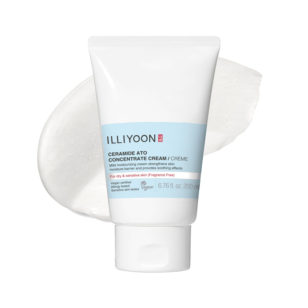 Illiyoon Ceramide Ato crema: bote elegante para hidratación prolongada y suave piel.