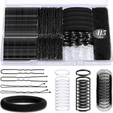 IKOCO 415pcs Bobby Pins Set with 200 U-Shaped Pins & Elastic Hair Ties – Hair Net Included, Black