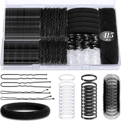 IKOCO 415pcs Bobby Pins Set with 200 U-Shaped Pins & Elastic Hair Ties – Hair Net Included, Black
