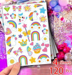 Imarisha unicornio arcoíris tatuajes, colores vibrantes para juegos y celebraciones.