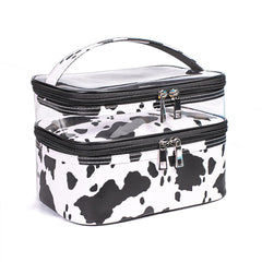 La bolsa imerelez con estampado de vaca y frente transparente para ver productos.