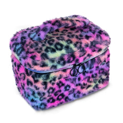 Bolsa de maquillaje Imerelez con felpa Rainbow Leopard, protege cosméticos frágiles durante el viaje.