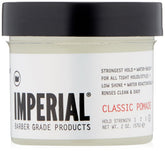 Imperial Barber Classic Pomade 2oz bottle closeup highlighting strong hold and rinse ease