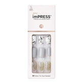 Uñas imPRESS pegadas gris corto con forma cuadrado-ovalado para manicura rápida.