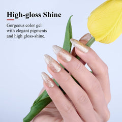 Uñas con glitter Champagne Dorado de Imtiti tras curado.