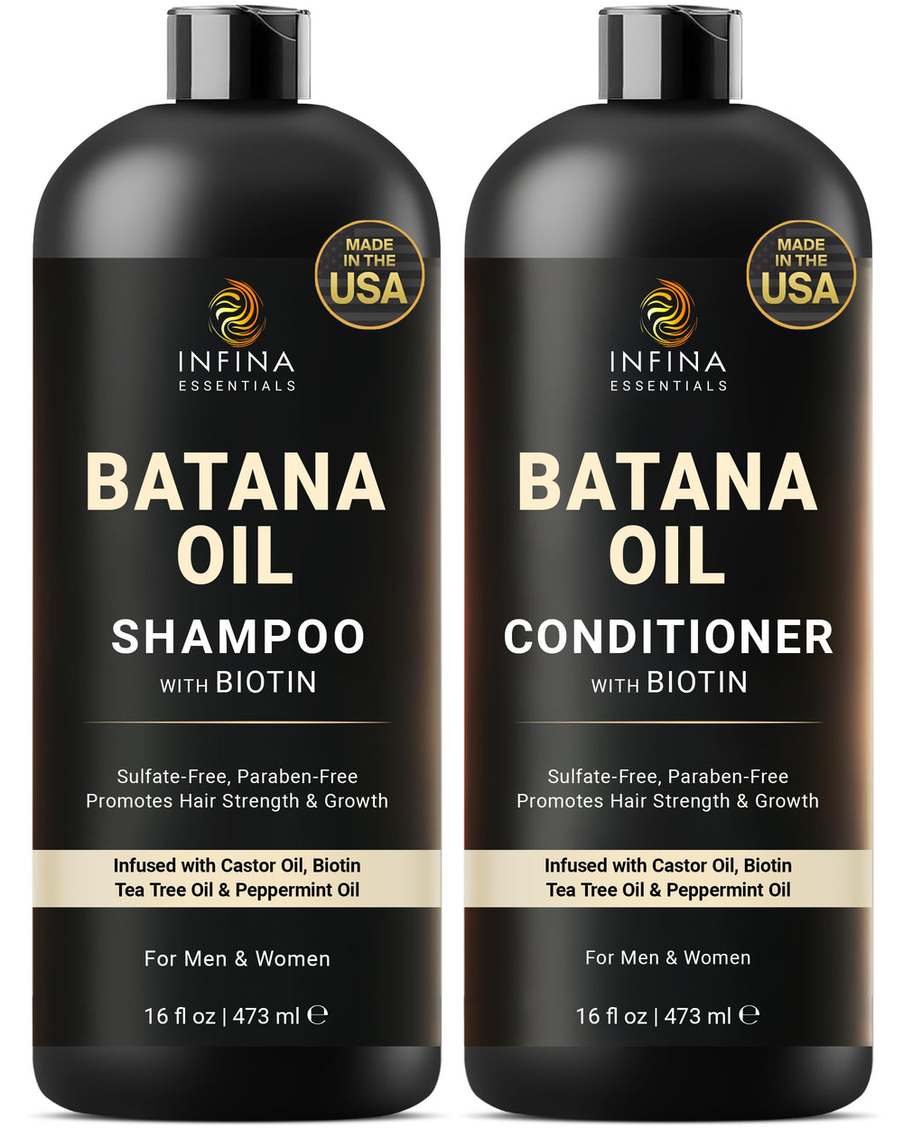 INFINA ESSENTIALS Batana Oil Shampoo, bouteille claire offrant hydratation légère et démêlage facile.