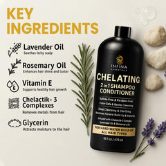 Infina Essentials etiqueta trasera muestra Chelactik-3 para eliminar residuos minerales.