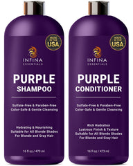 INFINA ESSENTIALS champú púrpura: botella destacada para tono frío y rubio.
