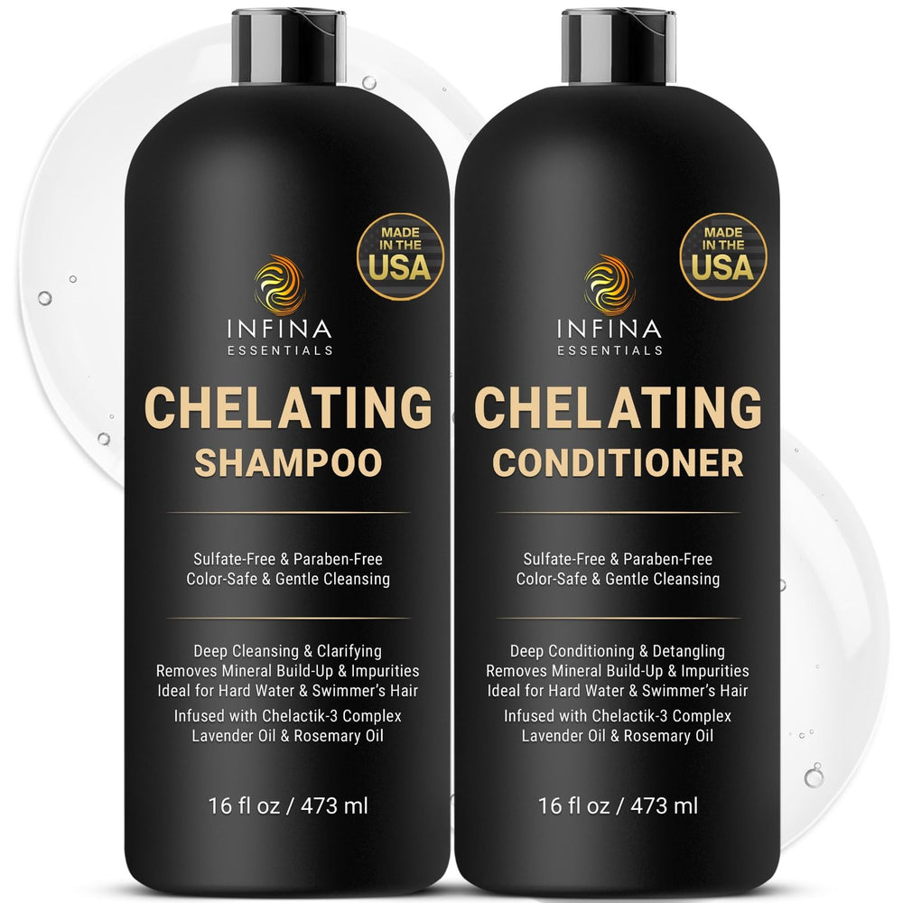 Infina Essentials Champú Quelante vertiendo la botella para limpieza profunda del cabello.