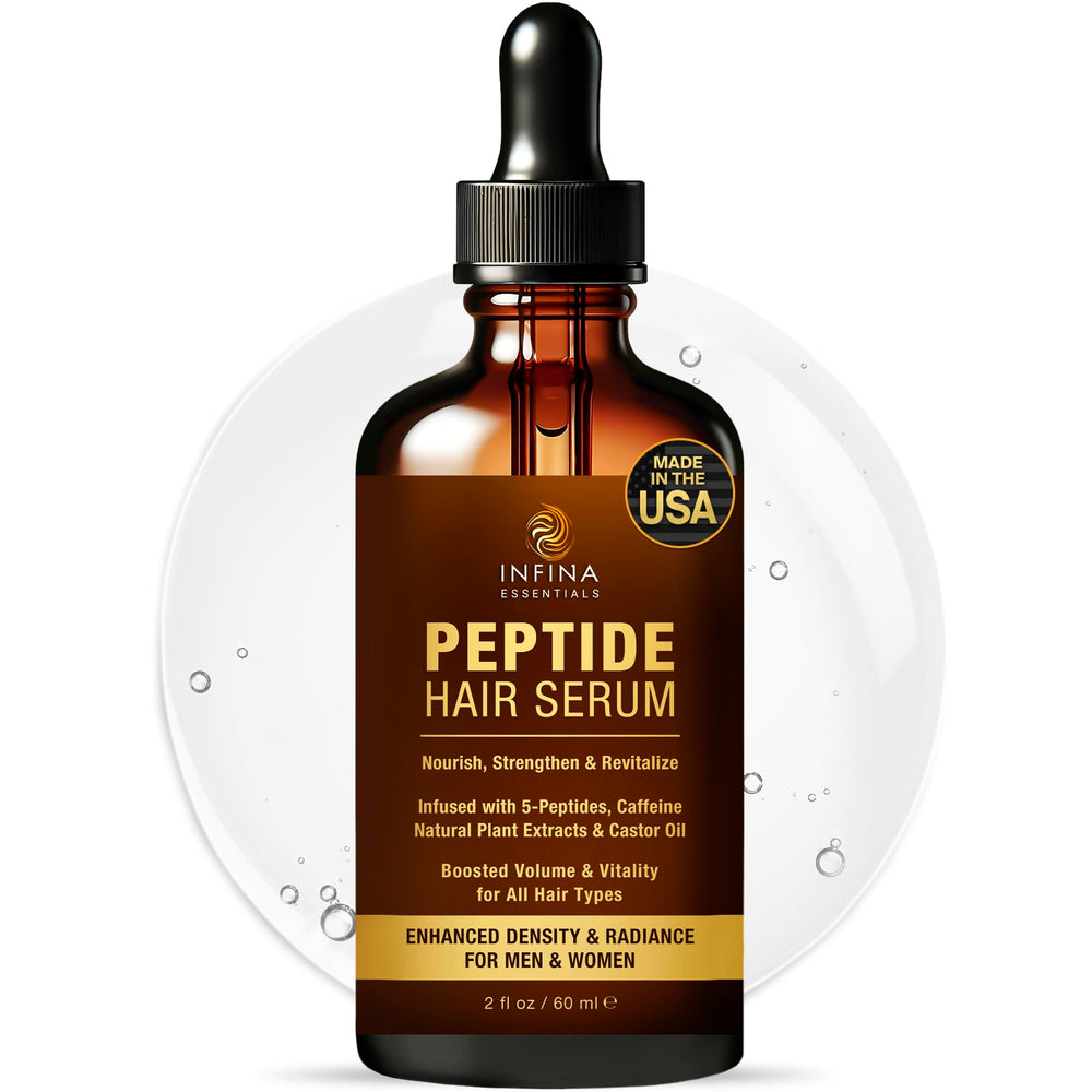 INFINA ESSENTIALS peptide serum bottle supports scalp nourishment and hydration.