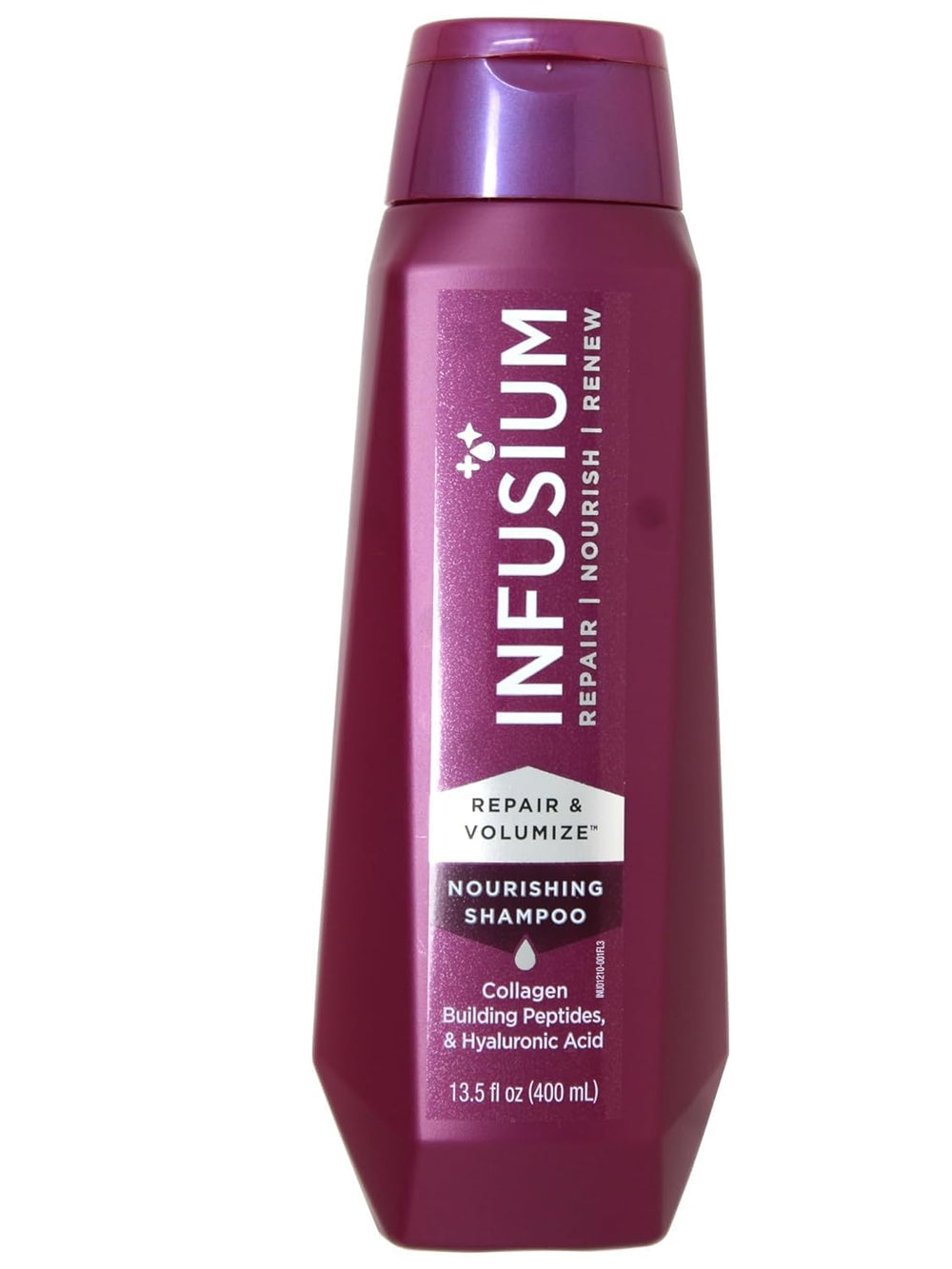 Infusium Repair y Volumize Shampoo: botella vertiendo, mejora hidratación y volumen.