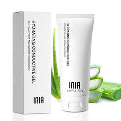 INIA gel conductivo para rostro en botella, aporta hidratación suave para sesiones faciales.