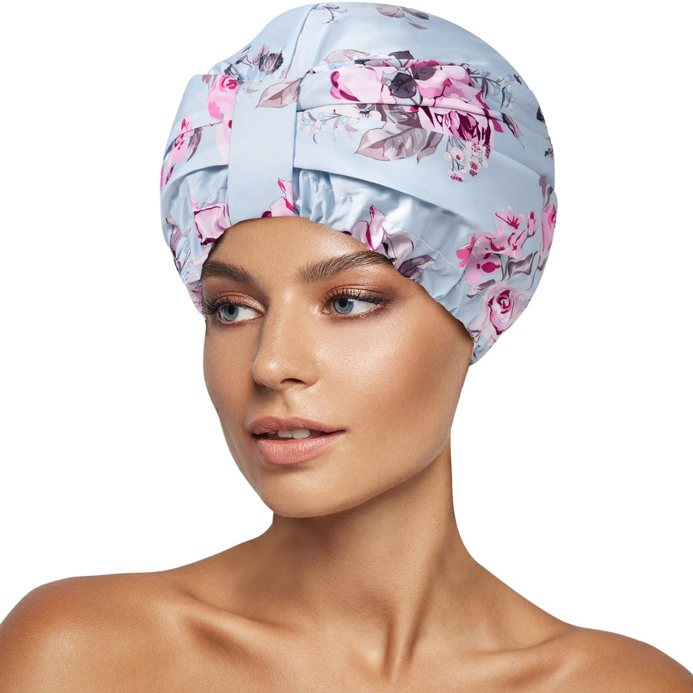 Gorro de ducha INNELO azul con flor, impermeable y ligero para cabello húmedo.