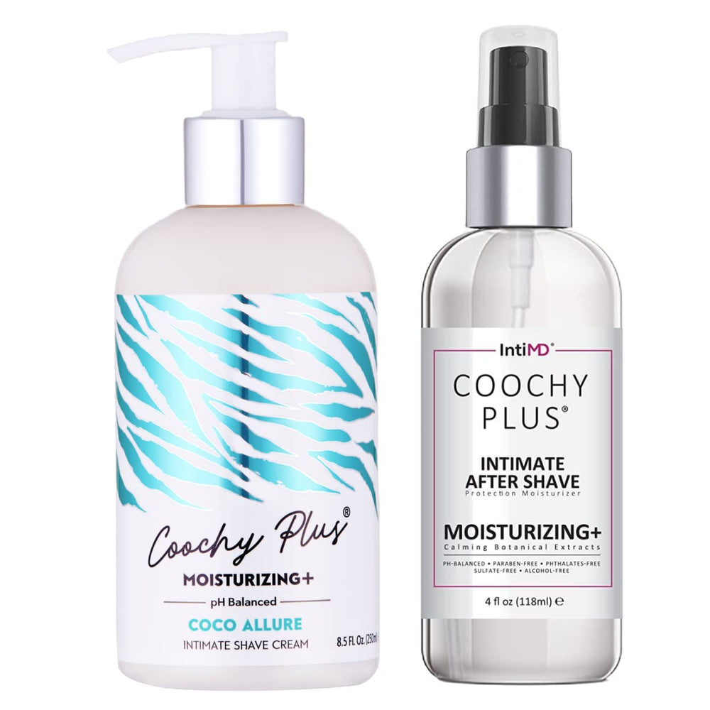 IntiMD Coochy Plus intimate shaving cream tube shows silky glide and hydration benefits