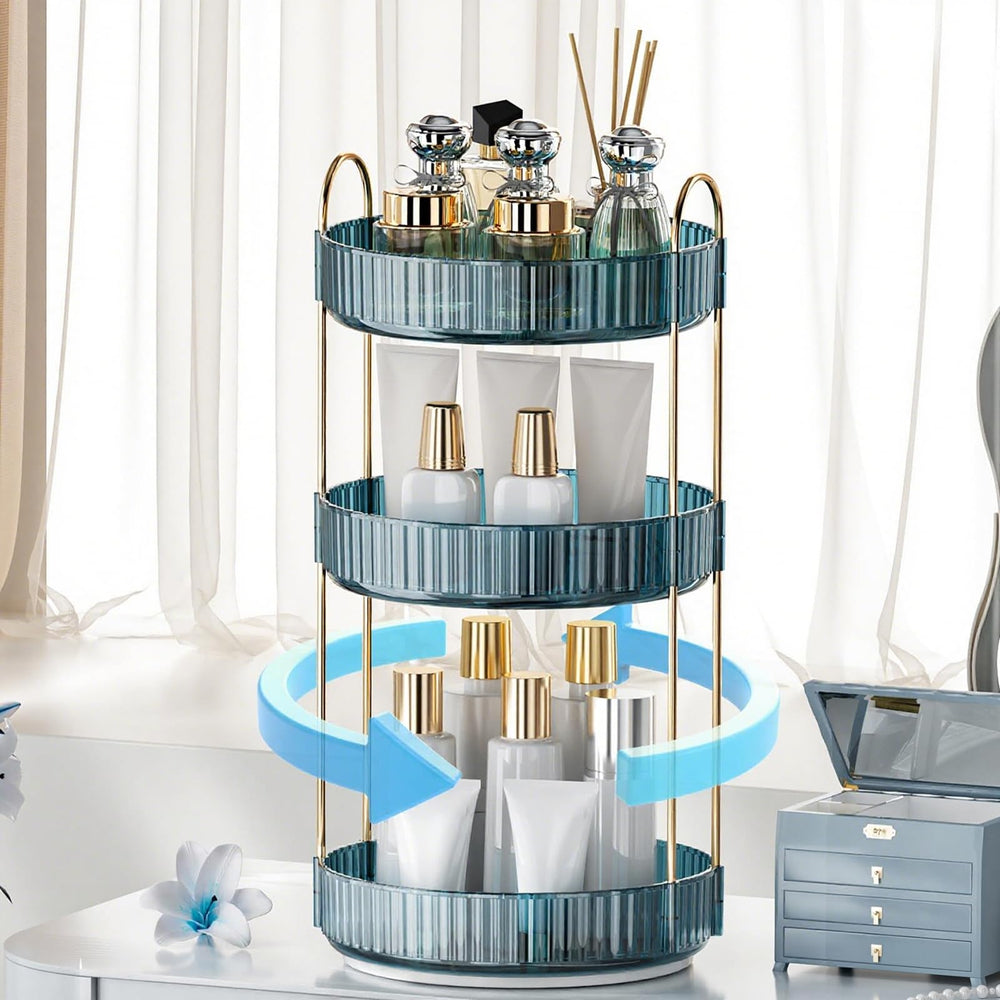 INVSSENE organizador maquillaje 360° 3 estantes azul, optimiza espacio.