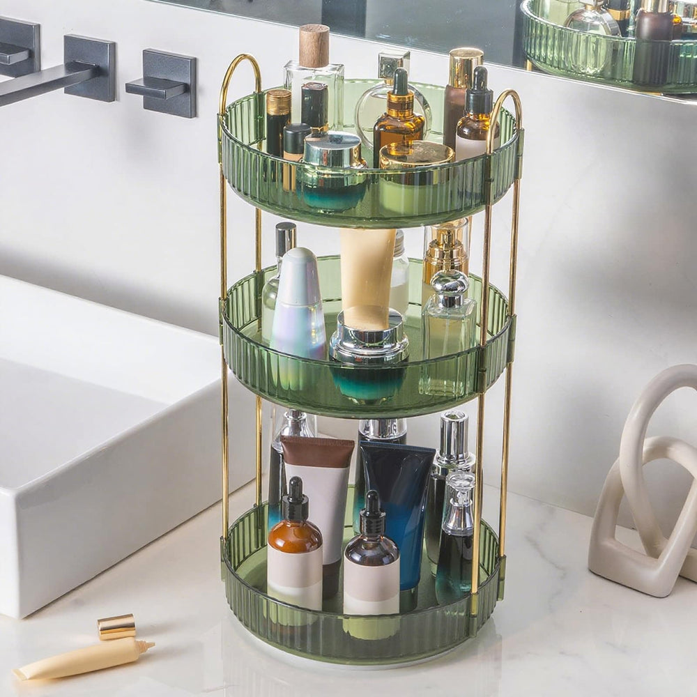 Organizador INVSSENE de maquillaje con giro 360°, acceso rápido a cosméticos.