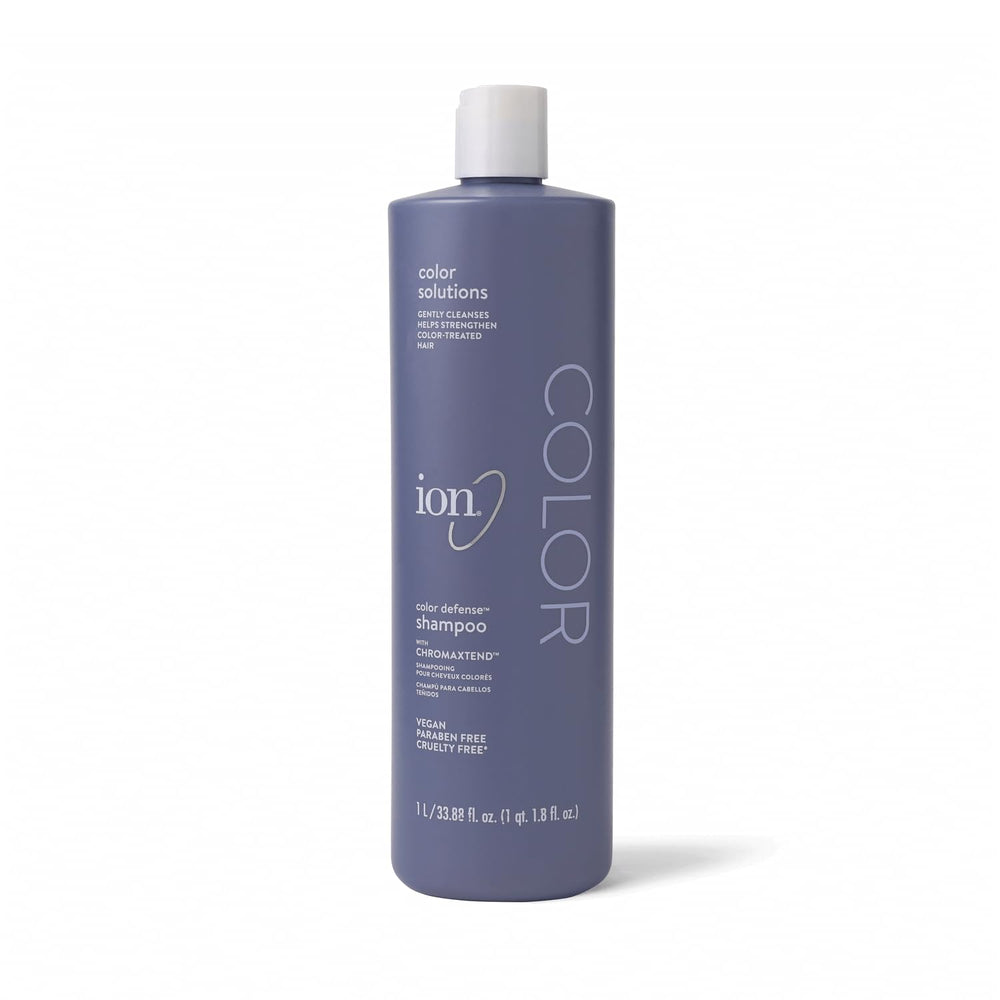 Ion Color Defense Champú: botella en detalle para cabello teñido con brillo saludable.