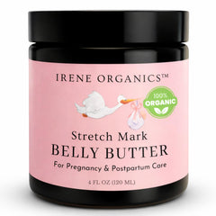 Irene Organics bálsamo orgánico para barriga, aplicación suave y rápida absorción.
