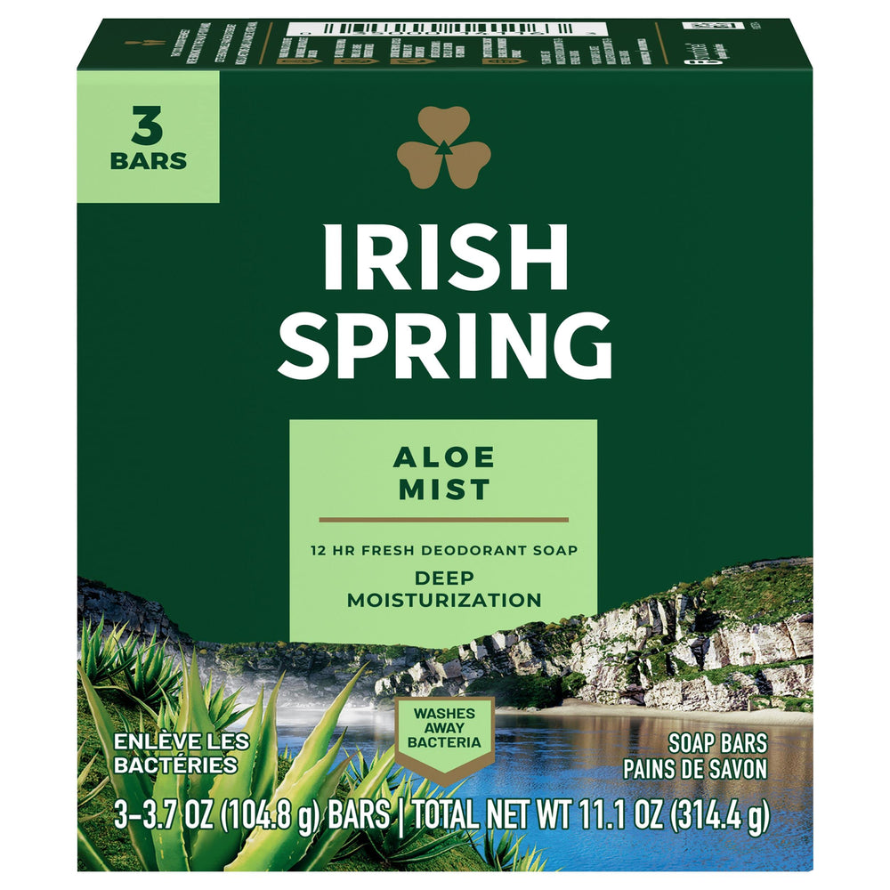 Barra desodorante Irish Spring Aloe, presentación de tres unidades para uso diario.