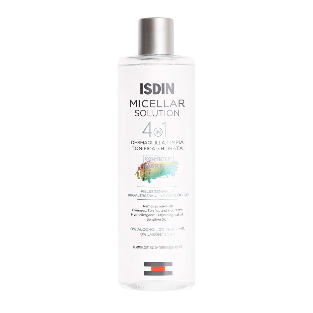 ISDIN Micellar 4-en-1: botella hidratante y desmaquillante suave para piel sensible.