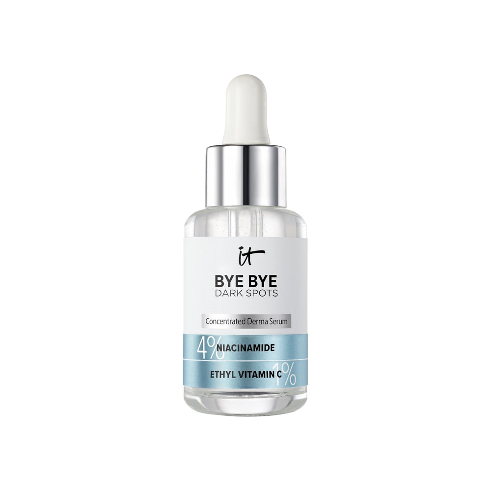 Sérum IT Cosmetics Bye Bye Dark Spots muestra la botella y claridad de la piel.