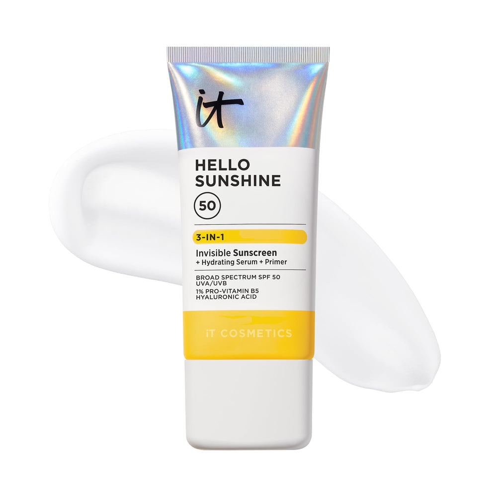 IT Cosmetics Hello Sunshine: bote transparente y protección SPF 50 para uso diario.