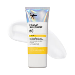 IT Cosmetics Hello Sunshine: bote transparente y protección SPF 50 para uso diario.