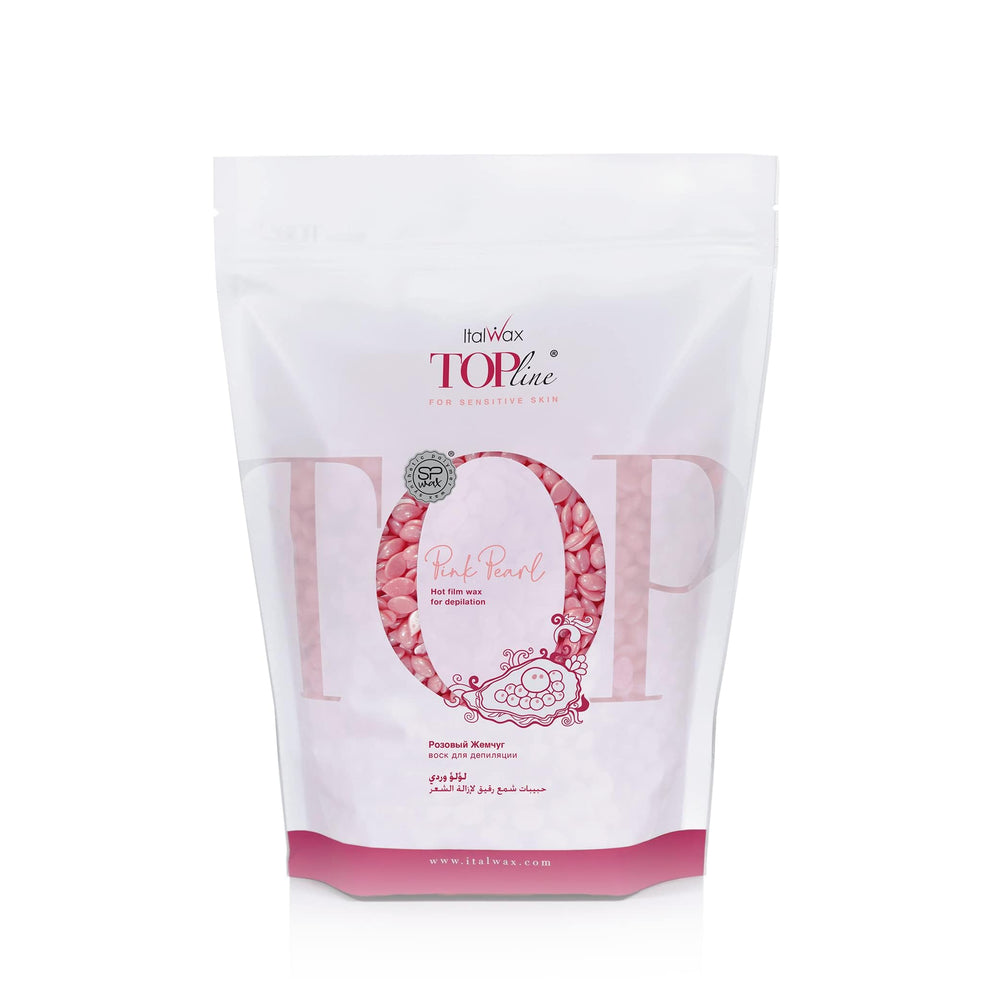 Italwax Top Line Pink Pearl hard wax bottle closeup for precise facial use.