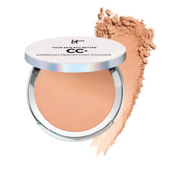IT Cosmetics CC+ Airbrush Powder Tan, difuminado suave y cobertura natural.