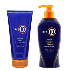 It's A 10 Miracle Shampoo bottle showing keratin benefits for stronger, smoother hair.