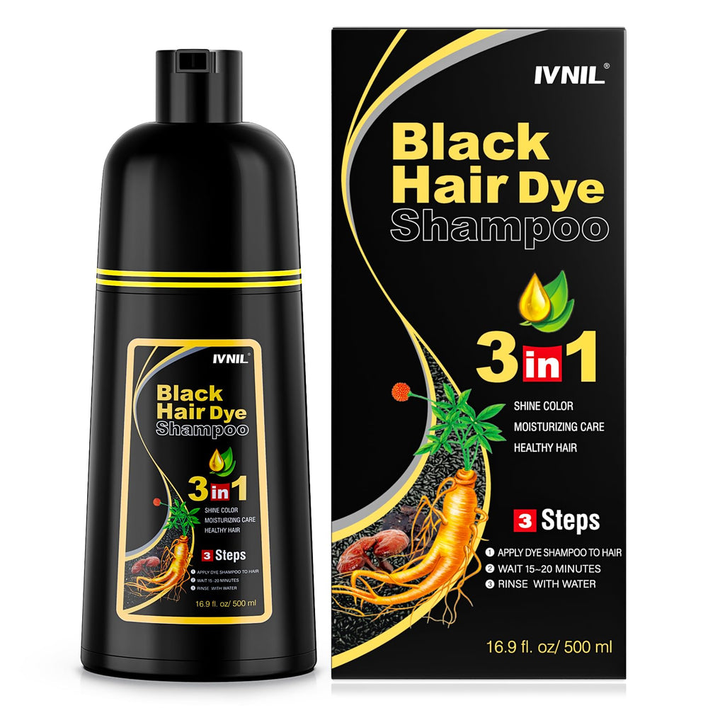 Ivnil champú-tinte negro 3 en 1, botella visible y retoque rápido de canas.