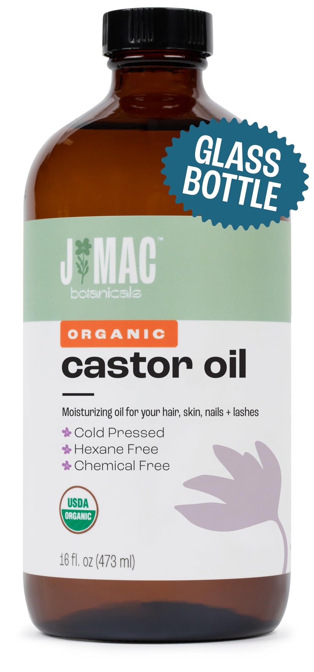 J MAC BOTANICALS huile ricin en bouteille verre 473 ml pour soins visage.