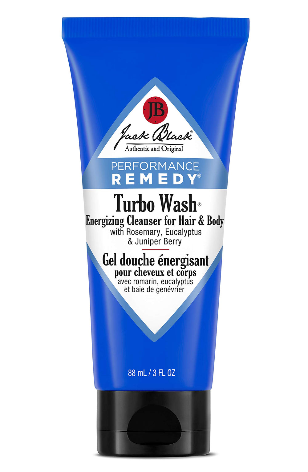 Jack Black Turbo Wash botella 3 oz con aroma vigorizante para cuerpo y cabello.