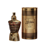 Frasco de Le Male Elixir de Jean Paul Gaultier, diseño elegante para el tocador.